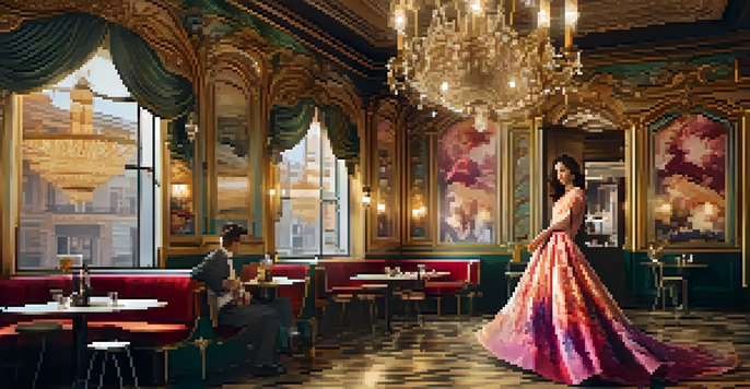A model in a colorful dress poses in a vintage café with intricate wallpaper and chandeliers, captured in warm lighting.
