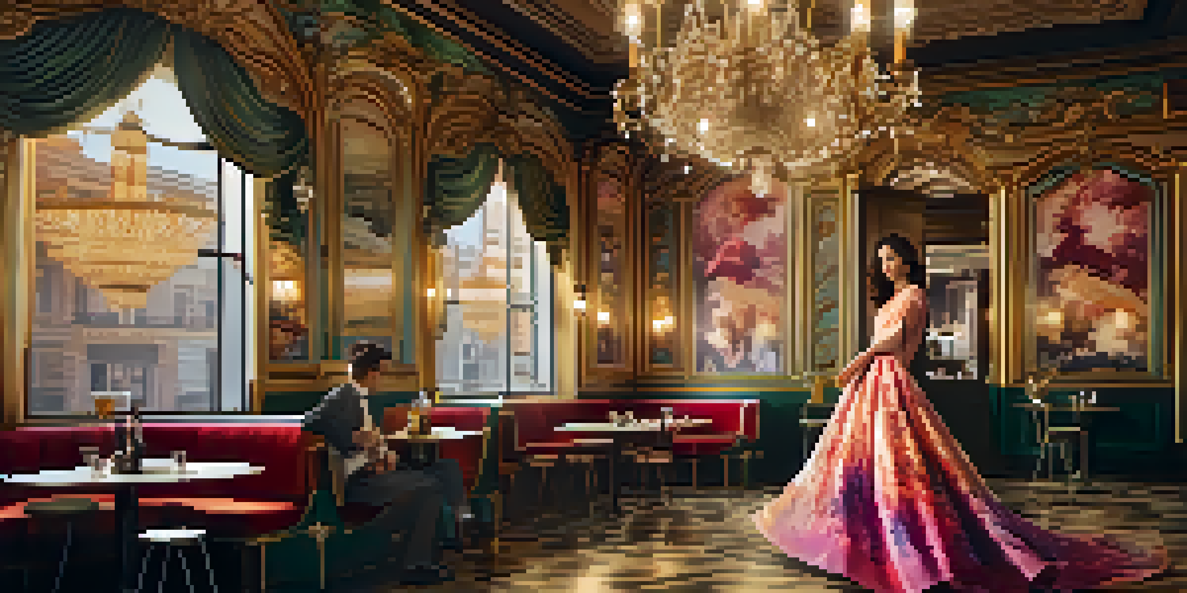 A model in a colorful dress poses in a vintage café with intricate wallpaper and chandeliers, captured in warm lighting.