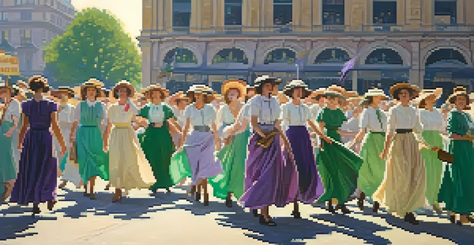 A group of suffragettes in colorful dresses marching in a city square with banners for women's rights, surrounded by enthusiastic supporters and historical buildings.