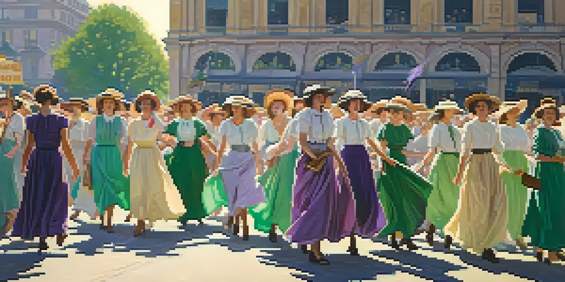 A group of suffragettes in colorful dresses marching in a city square with banners for women's rights, surrounded by enthusiastic supporters and historical buildings.