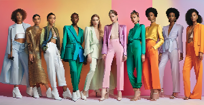 A diverse group of models on a fashion magazine cover, showcasing gender-fluid styles against a pastel background.