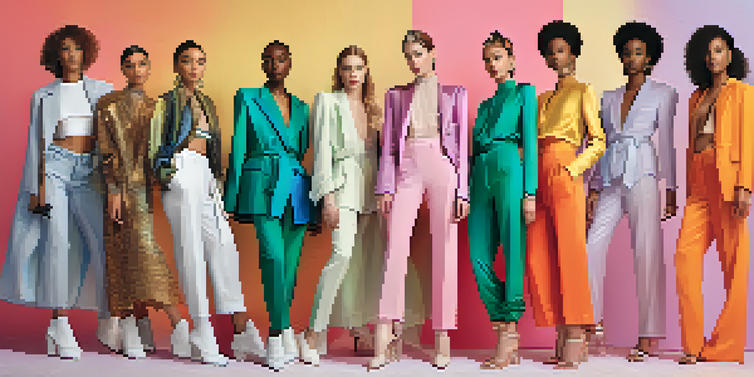 A diverse group of models on a fashion magazine cover, showcasing gender-fluid styles against a pastel background.