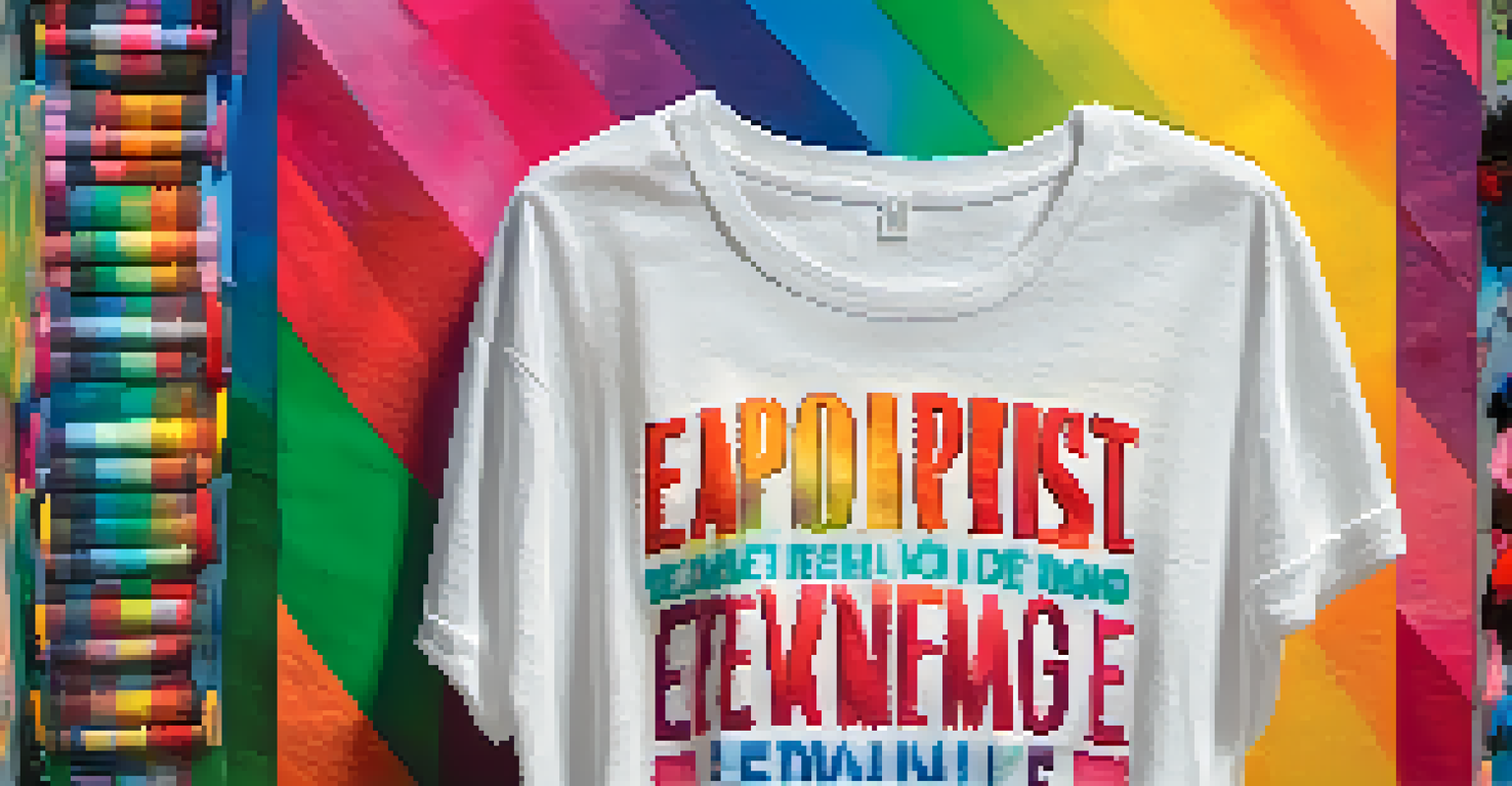 A close-up of a colorful T-shirt with feminist slogans, showcasing vibrant fabric details against a blurred park background.