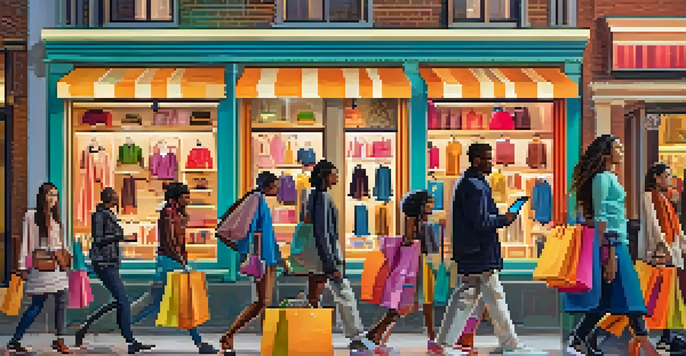 A diverse group of fashion shoppers exploring a digital marketplace filled with colorful clothing and accessories, illuminated by soft lighting.