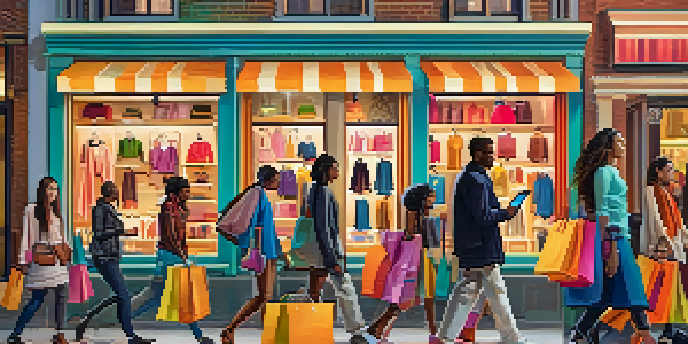 A diverse group of fashion shoppers exploring a digital marketplace filled with colorful clothing and accessories, illuminated by soft lighting.