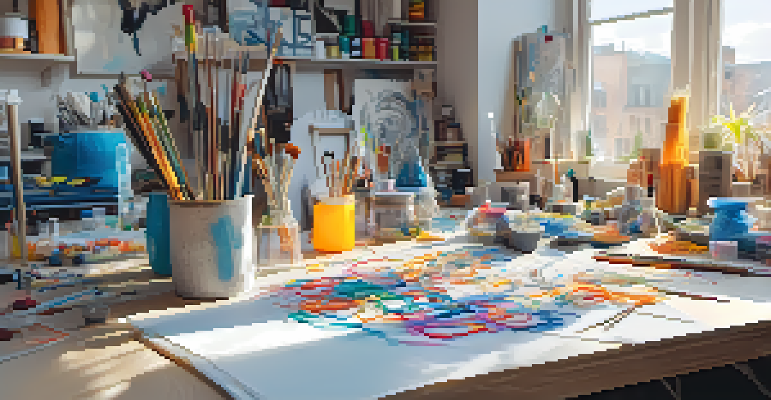 A creative workspace filled with 3D printing materials, tools, and sketches, with a 3D printer actively working in bright natural light.