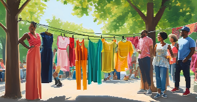 A lively outdoor fashion swap event with people of various backgrounds exchanging clothes under the sunlight.