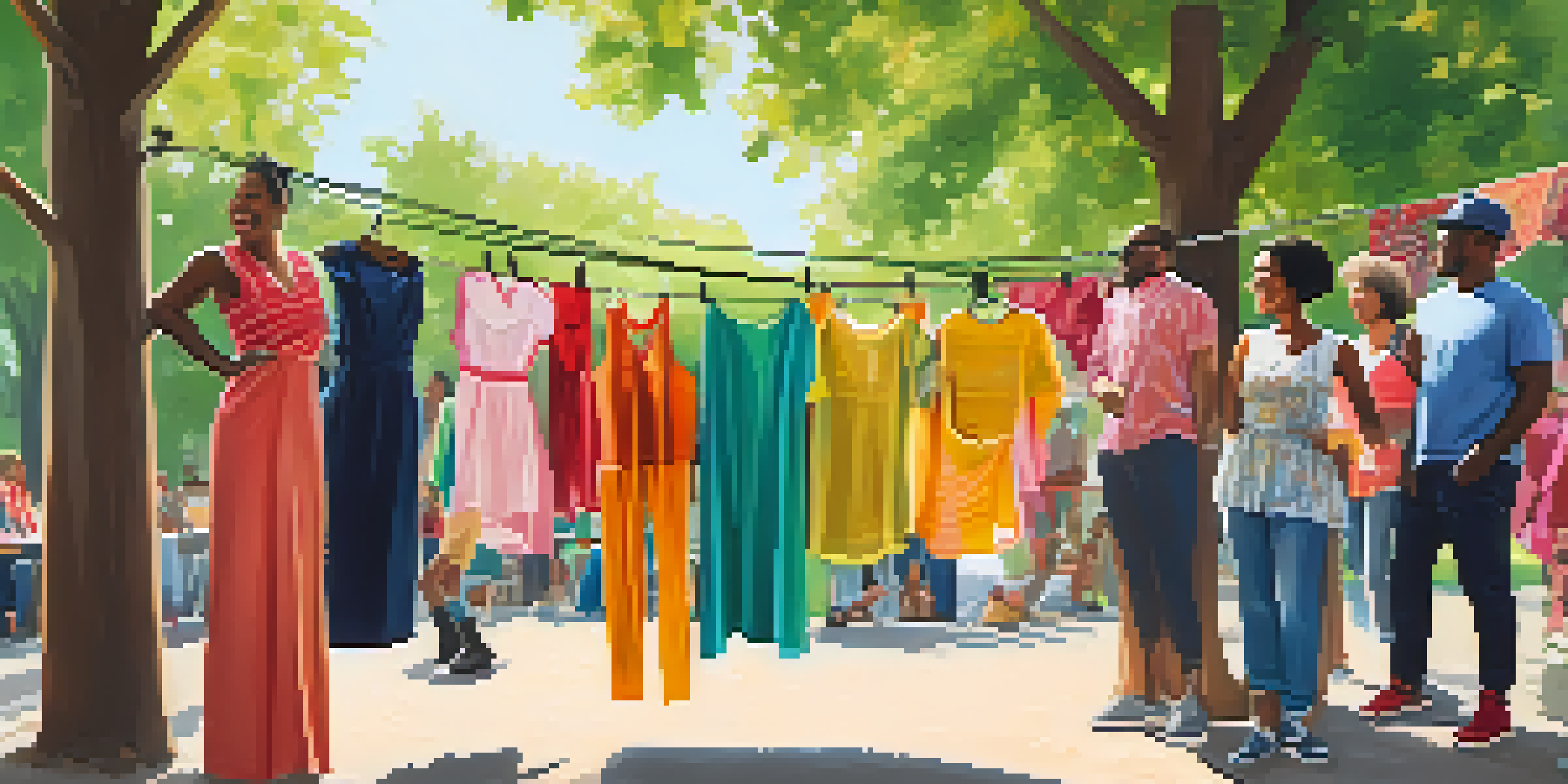 A lively outdoor fashion swap event with people of various backgrounds exchanging clothes under the sunlight.