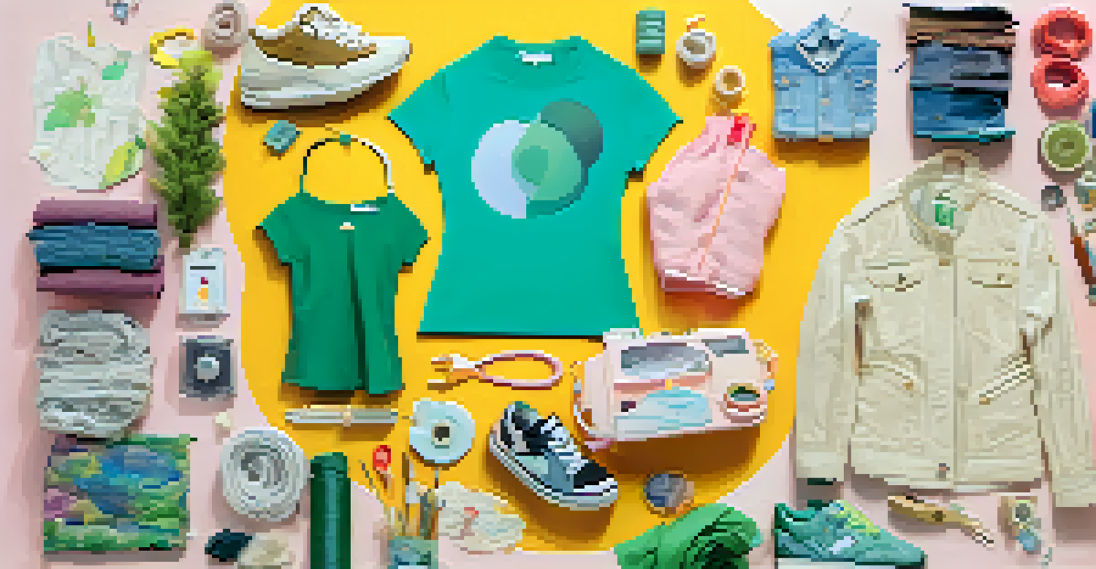 Artistic collage of recycled and upcycled clothing items, sewing tools, and eco-friendly symbols against a soft pastel background.