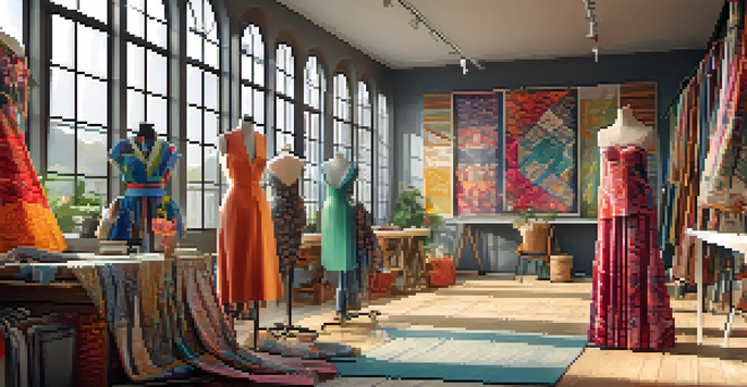 A fashion designer collaborates with artisans in a colorful studio, surrounded by fabrics and sketches, with daylight illuminating the space.