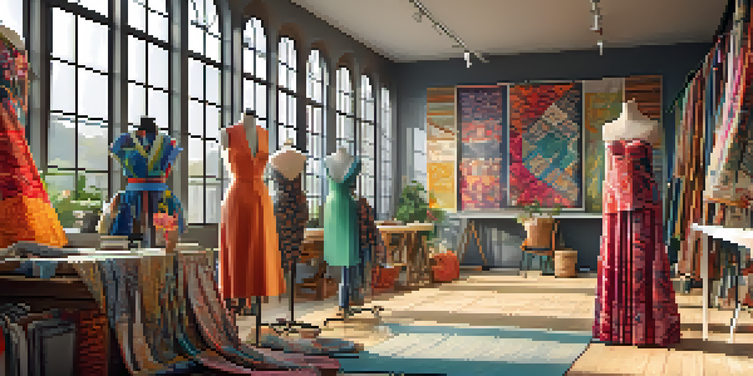 A fashion designer collaborates with artisans in a colorful studio, surrounded by fabrics and sketches, with daylight illuminating the space.
