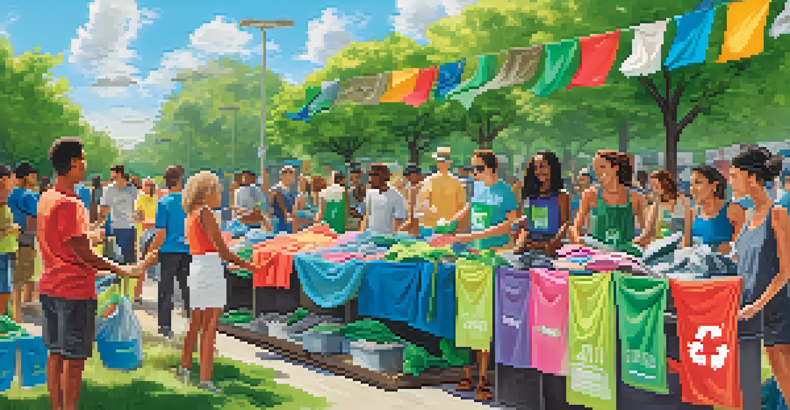 A group of diverse individuals engaging in a clothing recycling event outdoors, surrounded by greenery and colorful banners promoting sustainability.