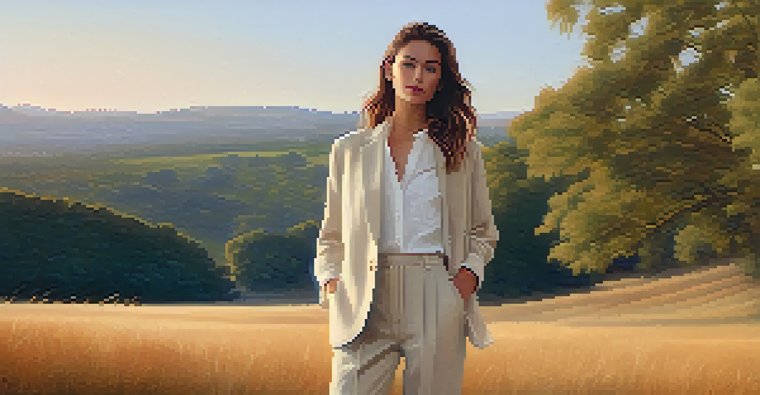 A model in a minimalist outfit posing in a serene outdoor environment during golden hour.