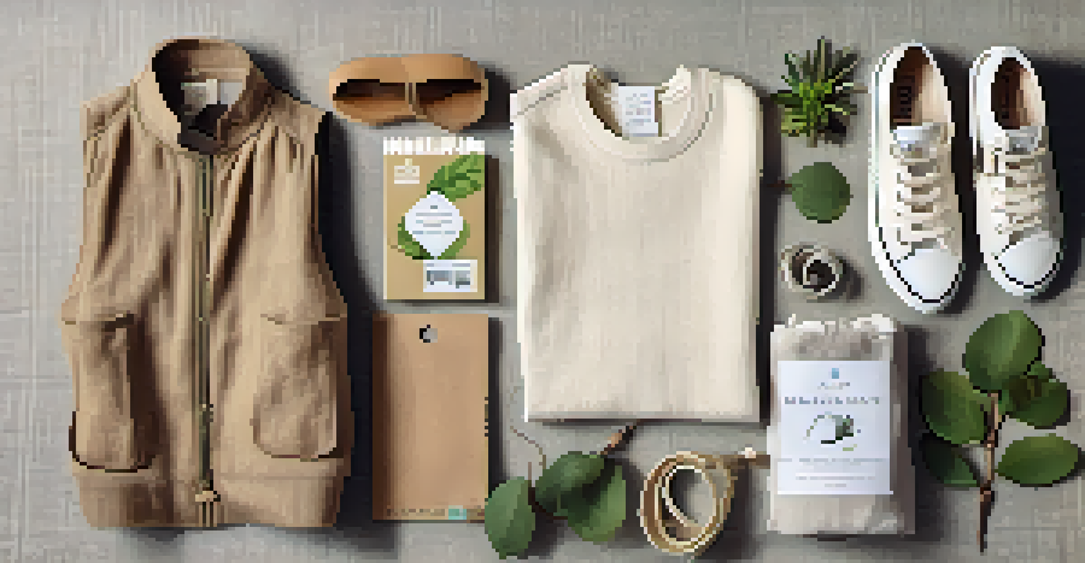 A flat lay of sustainable fashion items on a linen background, including organic clothing, eco-friendly accessories, and certification labels.