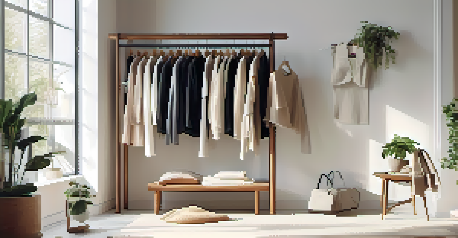 A minimalist wardrobe featuring a curated capsule collection of timeless clothing pieces in a clean and organized space.