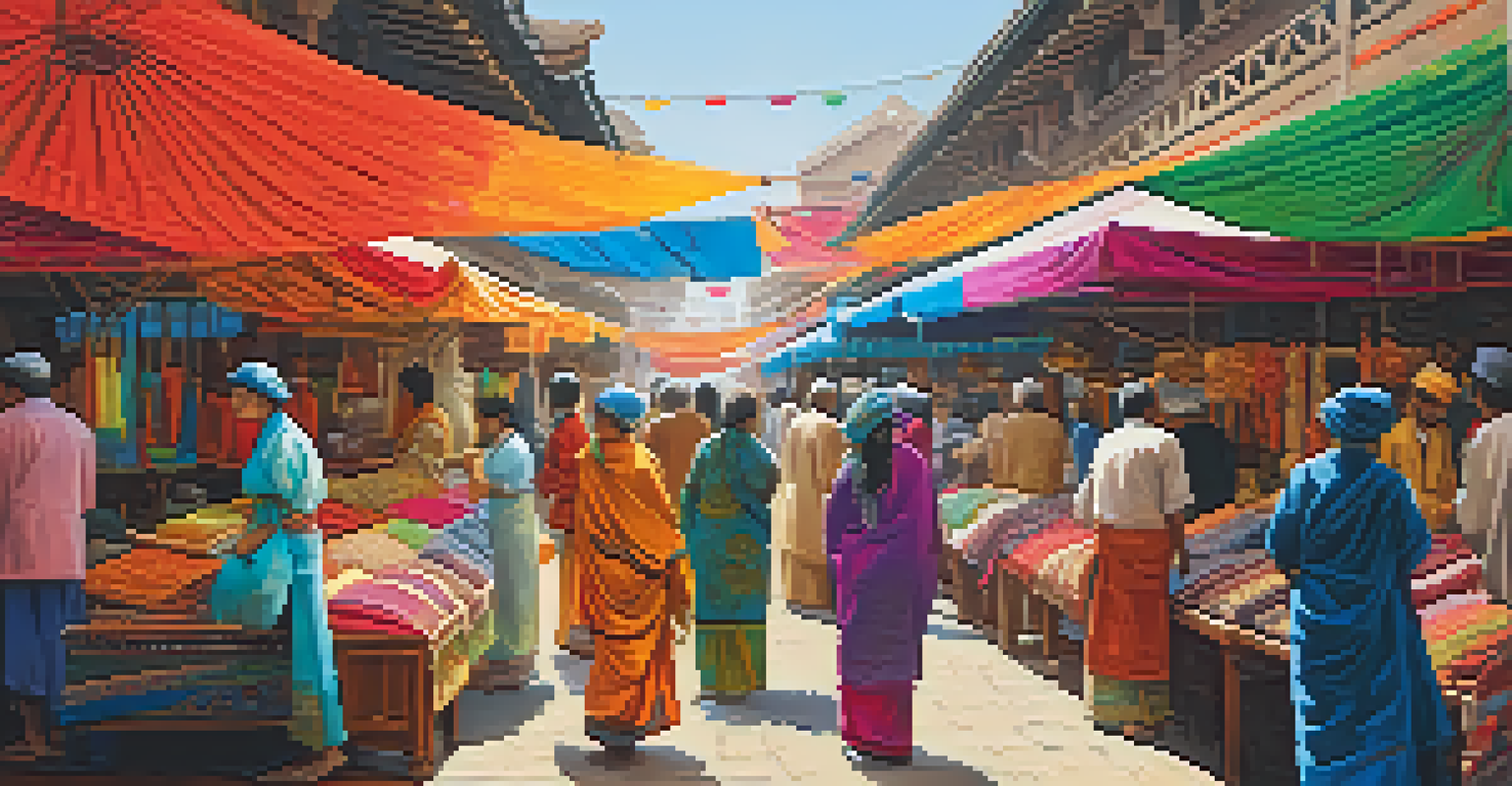 A market scene with colorful traditional fabrics from different cultures, under bright sunlight, showcasing intricate patterns and textures.