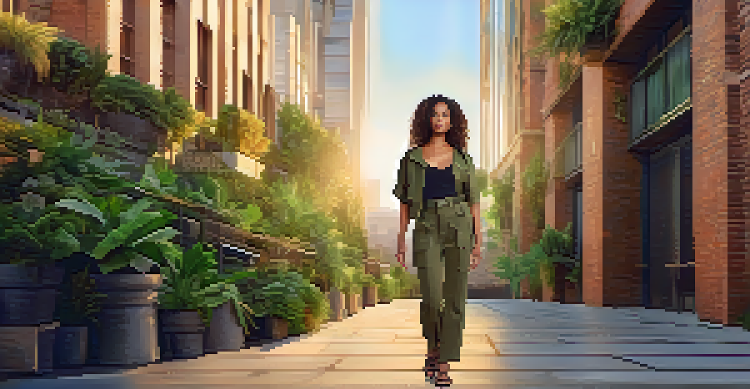 A stylish model in a sustainable outfit made from recycled materials in an urban setting with plants and buildings.