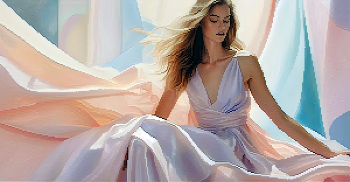 A fashion illustration of a model in a pastel-colored dress, surrounded by soft abstract shapes, illuminated by gentle natural light.