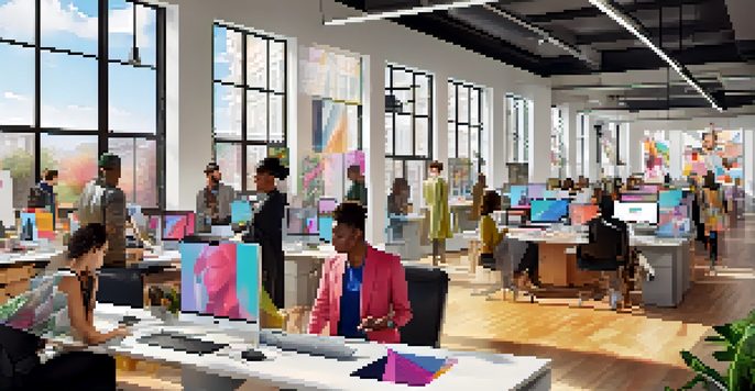 A lively fashion office environment where diverse designers collaborate on digital fashion designs, showcasing fabric swatches and colorful mood boards.
