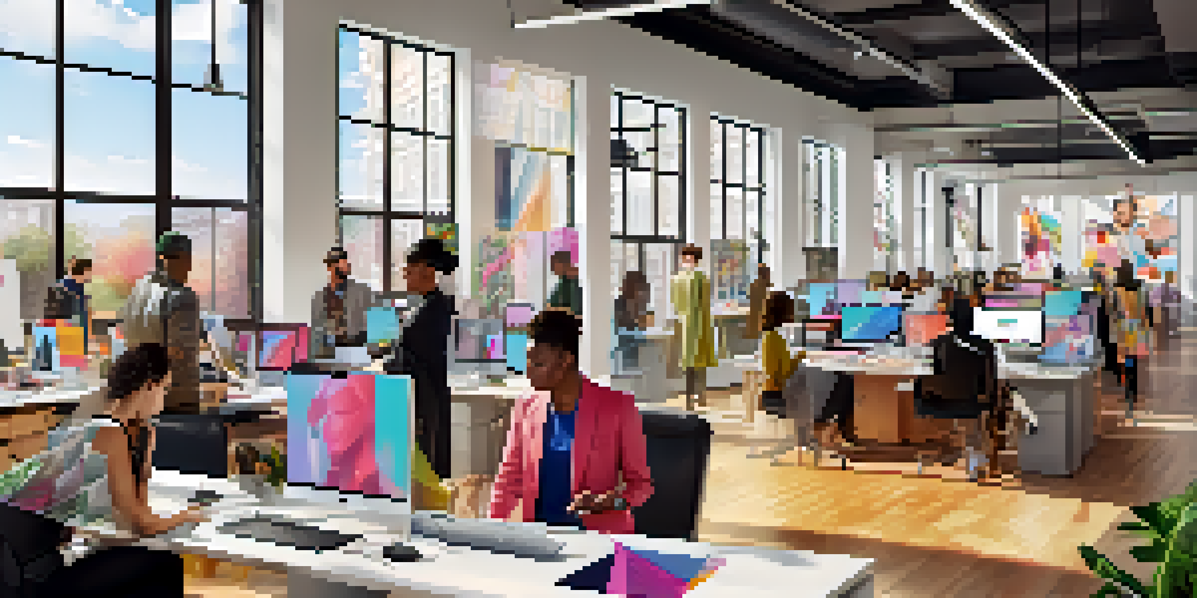 A lively fashion office environment where diverse designers collaborate on digital fashion designs, showcasing fabric swatches and colorful mood boards.