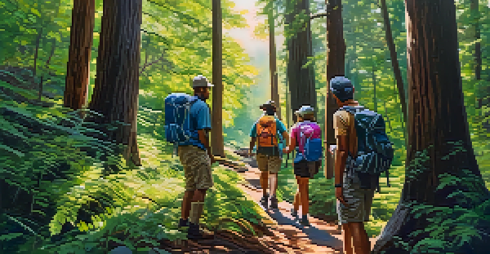 A diverse group of people in stylish hiking gear enjoying a sunny day on a forest trail.