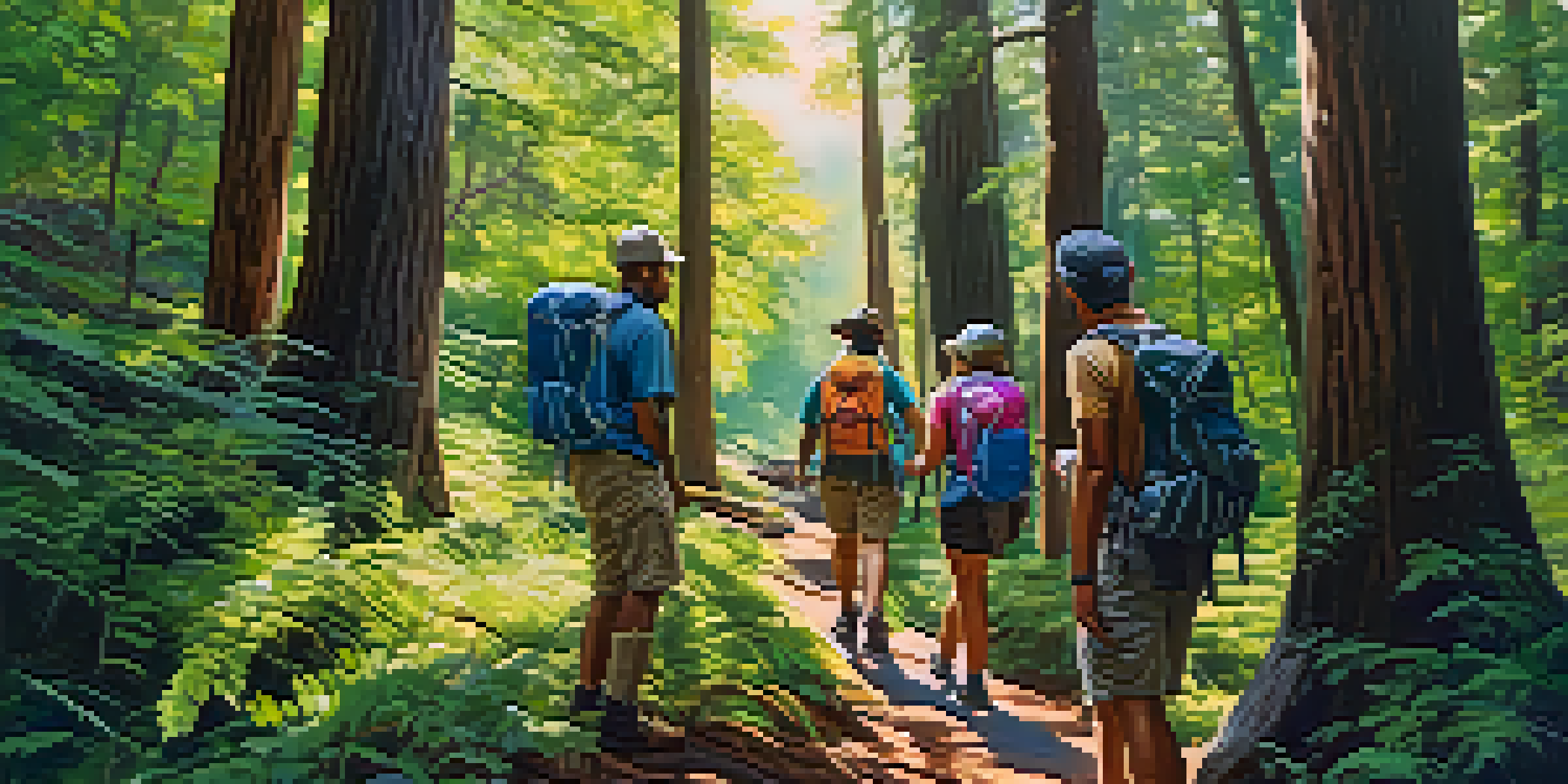 A diverse group of people in stylish hiking gear enjoying a sunny day on a forest trail.