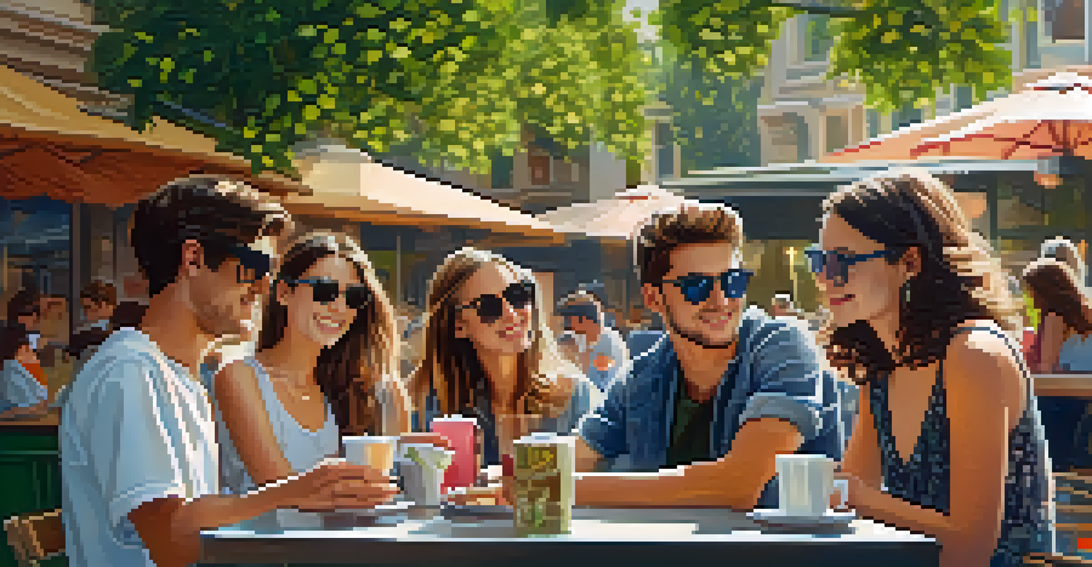 A group of friends at an outdoor cafe, with one person using a tablet to virtually try on sunglasses.