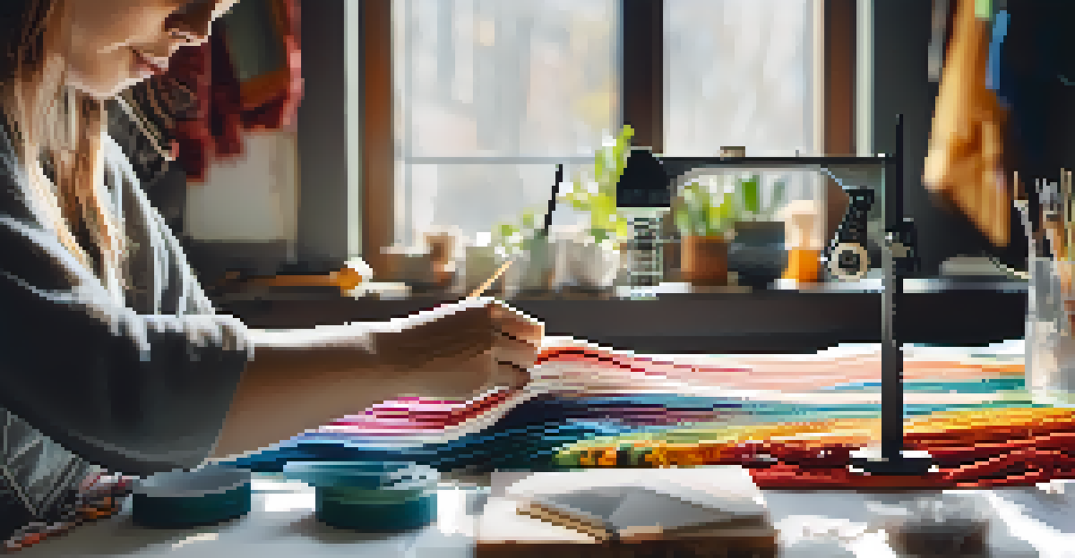 A designer's hands working on a sustainable garment, surrounded by tools and colorful threads.