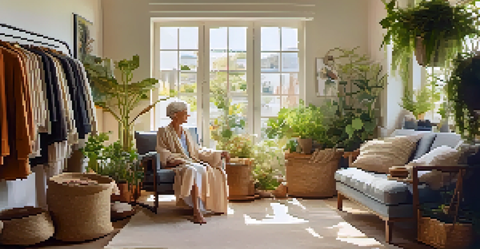 A senior woman sitting in a sunlit room with sustainable fashion clothes and plants around her.