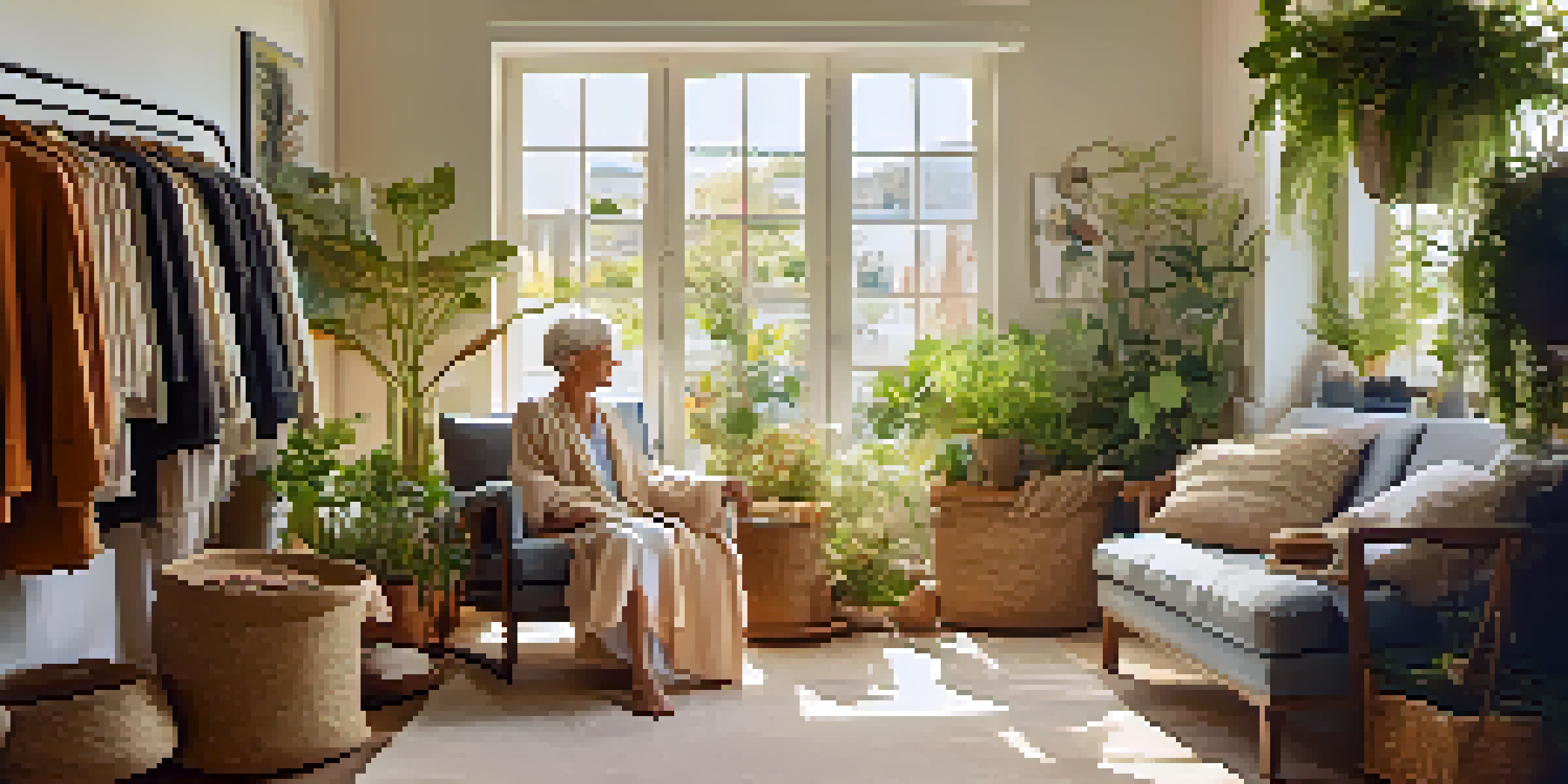 A senior woman sitting in a sunlit room with sustainable fashion clothes and plants around her.