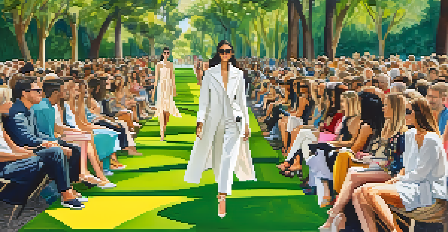 An outdoor fashion show with models in eco-friendly clothing surrounded by nature and an audience of young people.
