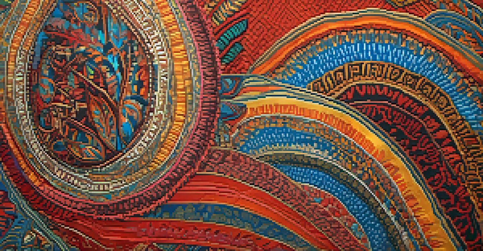 A detailed close-up of a textured fabric showcasing a blend of cultural designs, highlighted by soft natural light.