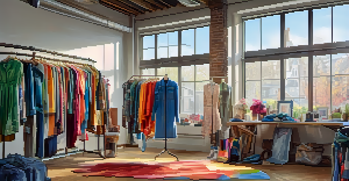 A fashion studio displaying colorful garments made from recycled materials, with a designer working in the background and natural light streaming in through a window.