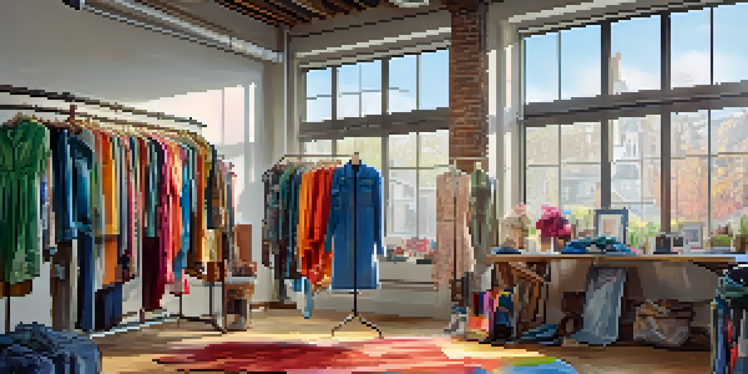 A fashion studio displaying colorful garments made from recycled materials, with a designer working in the background and natural light streaming in through a window.