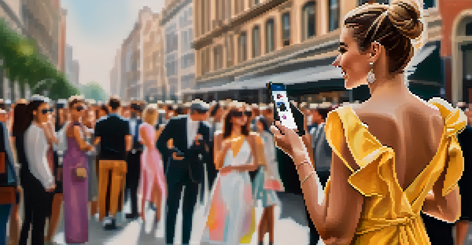 A fashion influencer in a limited edition dress holding a smartphone in an urban setting.