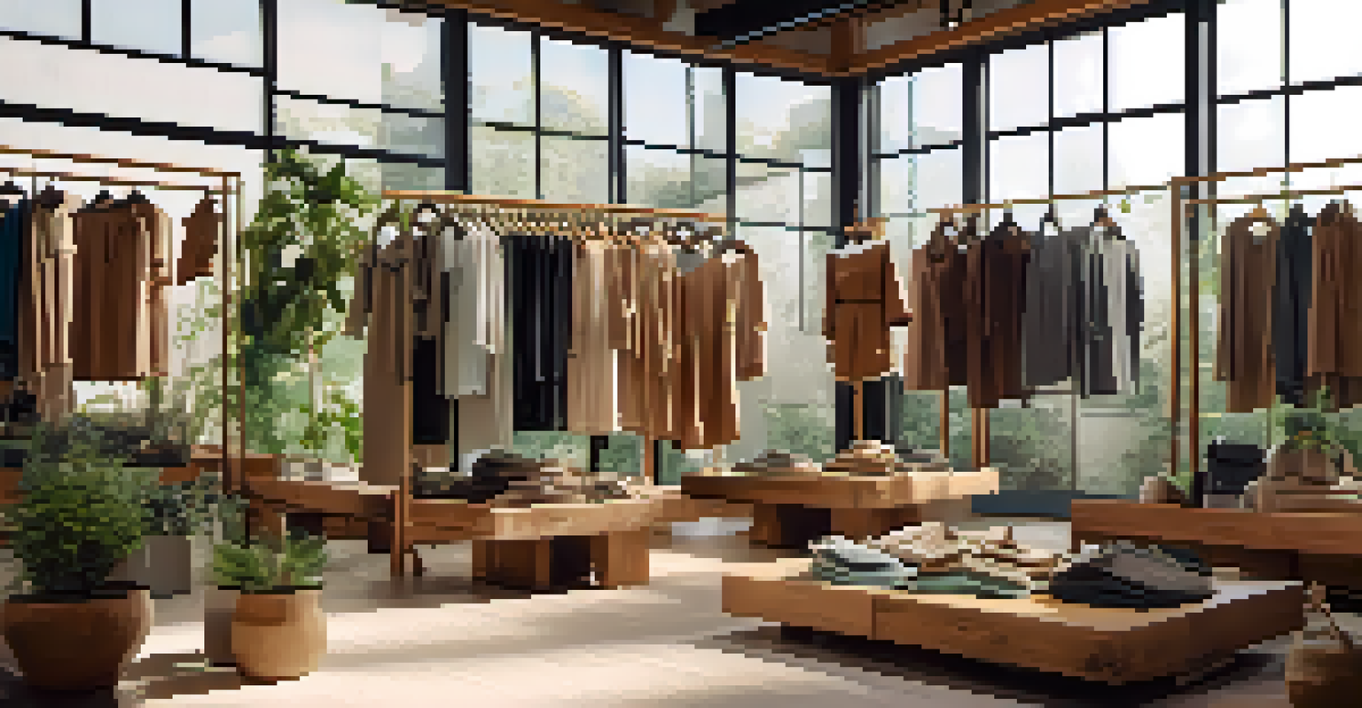 An eco-friendly fashion display with sustainable clothing options in a room filled with natural light and plants.