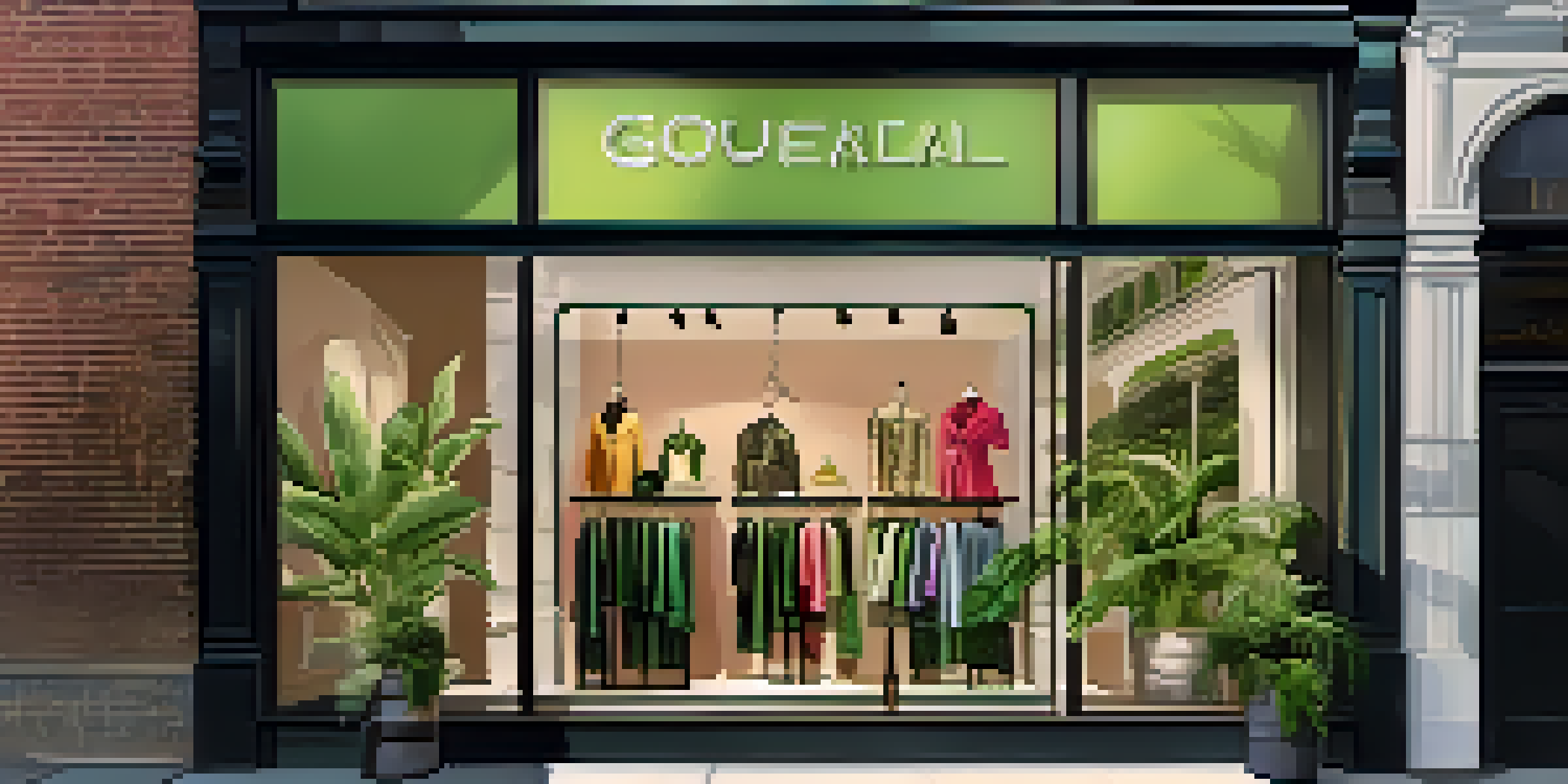 A clothing store window display with modern and vintage garments, surrounded by greenery and featuring eco-friendly signage.
