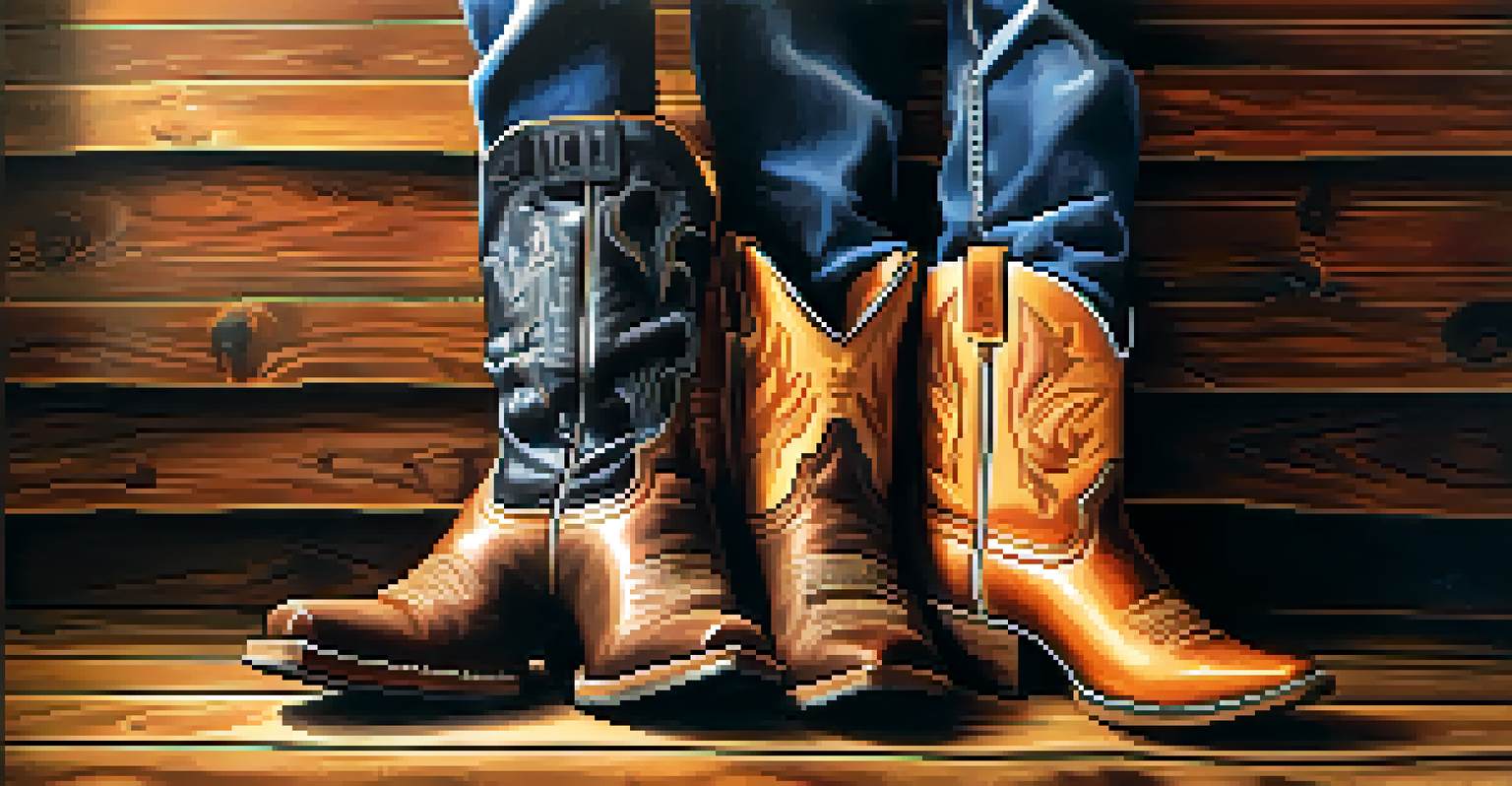 A close-up of cowboy boots on a wooden floor with denim and plaid clothing items, showcasing country fashion.