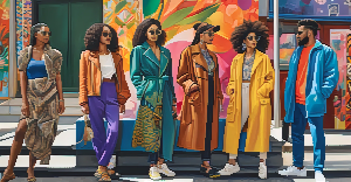 A diverse group of fashion influencers discussing cultural appropriation in an urban setting with colorful murals.