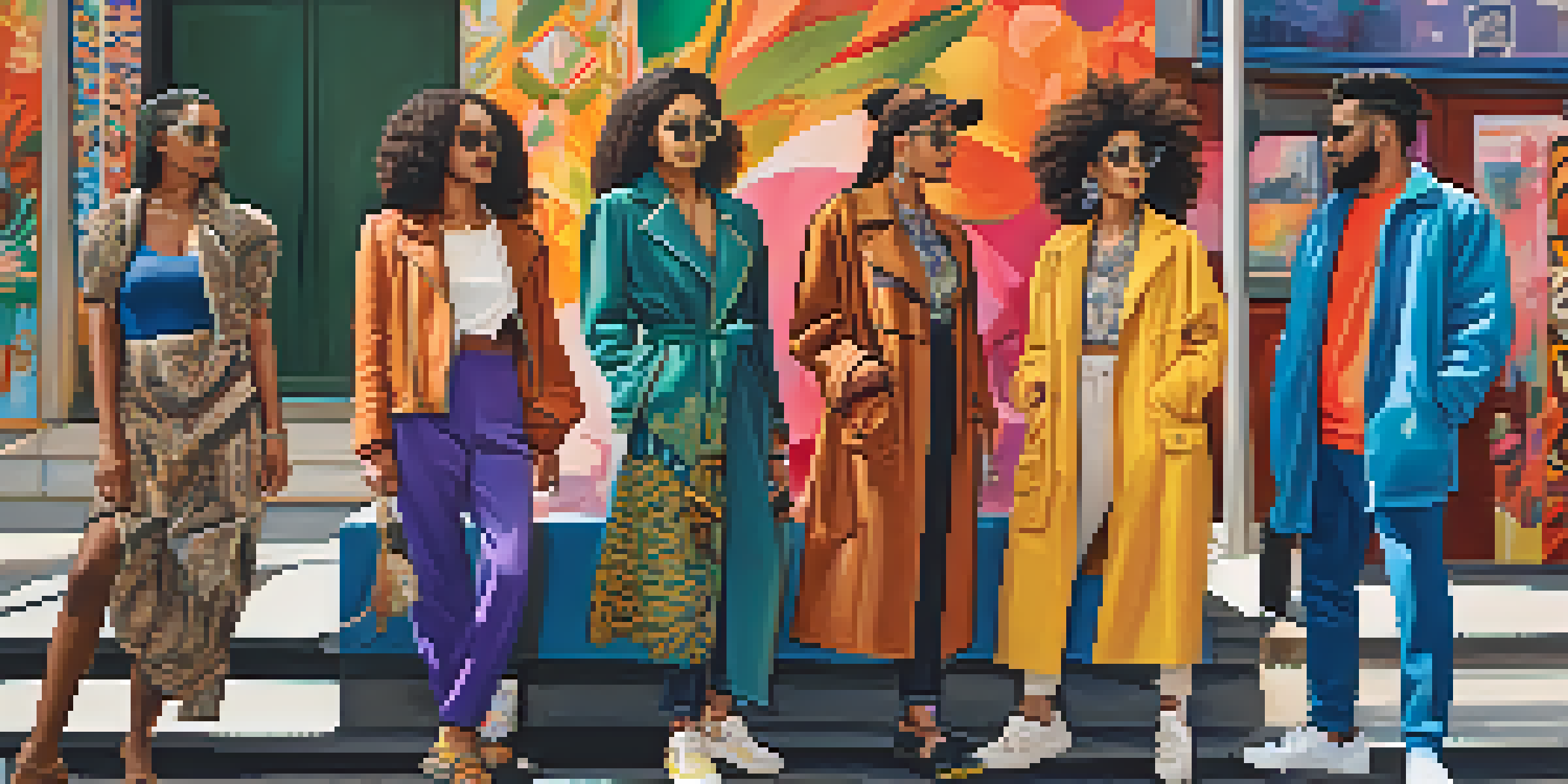 A diverse group of fashion influencers discussing cultural appropriation in an urban setting with colorful murals.