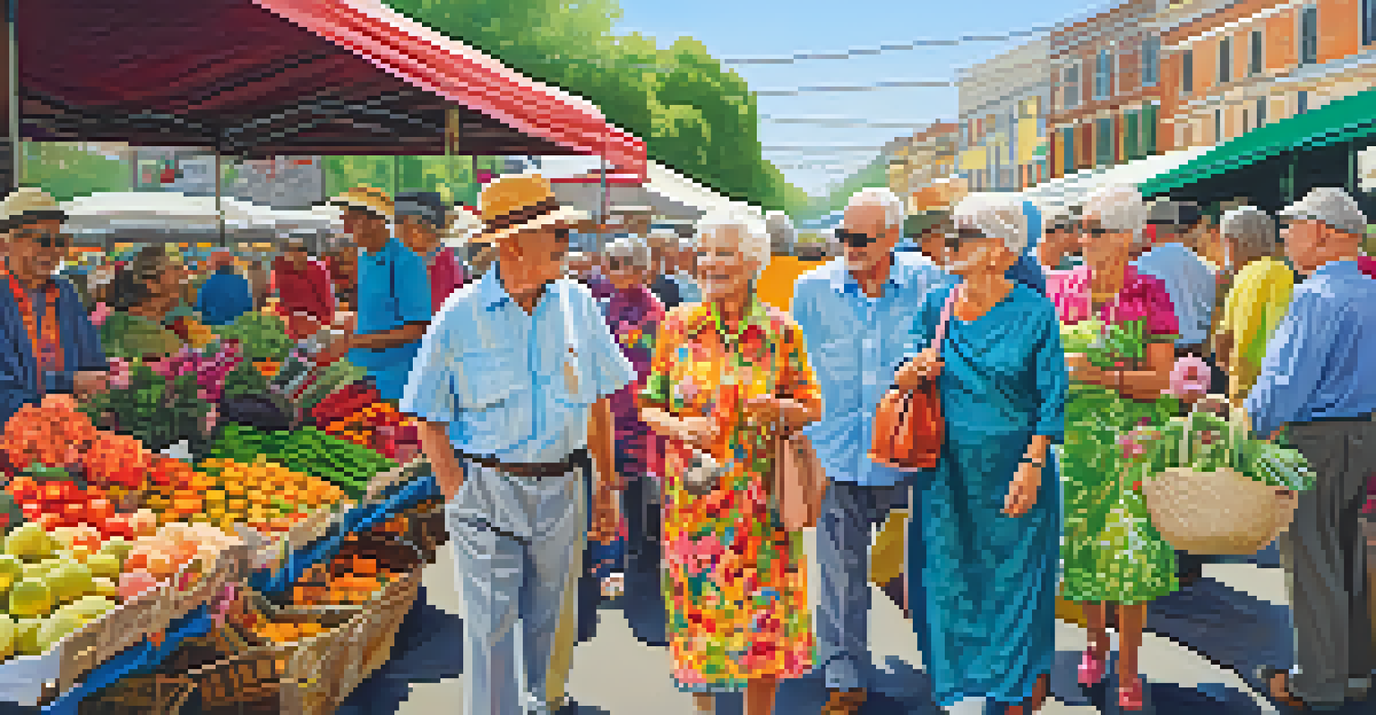 A diverse group of stylish older adults at an outdoor market, surrounded by colorful stalls and fresh produce.