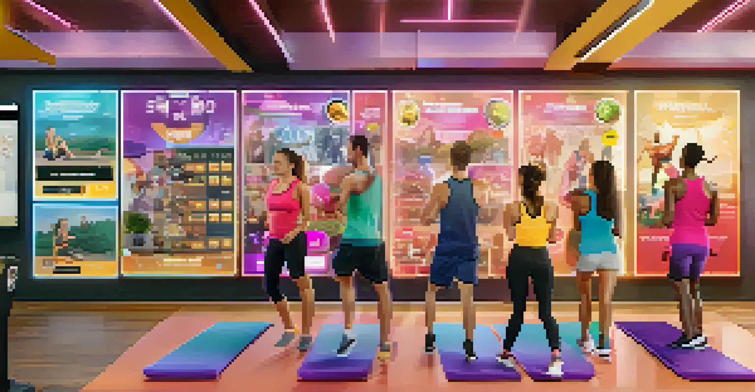 A digital screen showing a gamified loyalty program with leaderboards in a bright fitness studio environment.