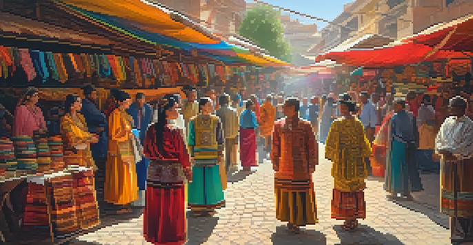 A diverse group of people in traditional clothing standing in a colorful market filled with textiles and crafts, illuminated by warm sunlight.