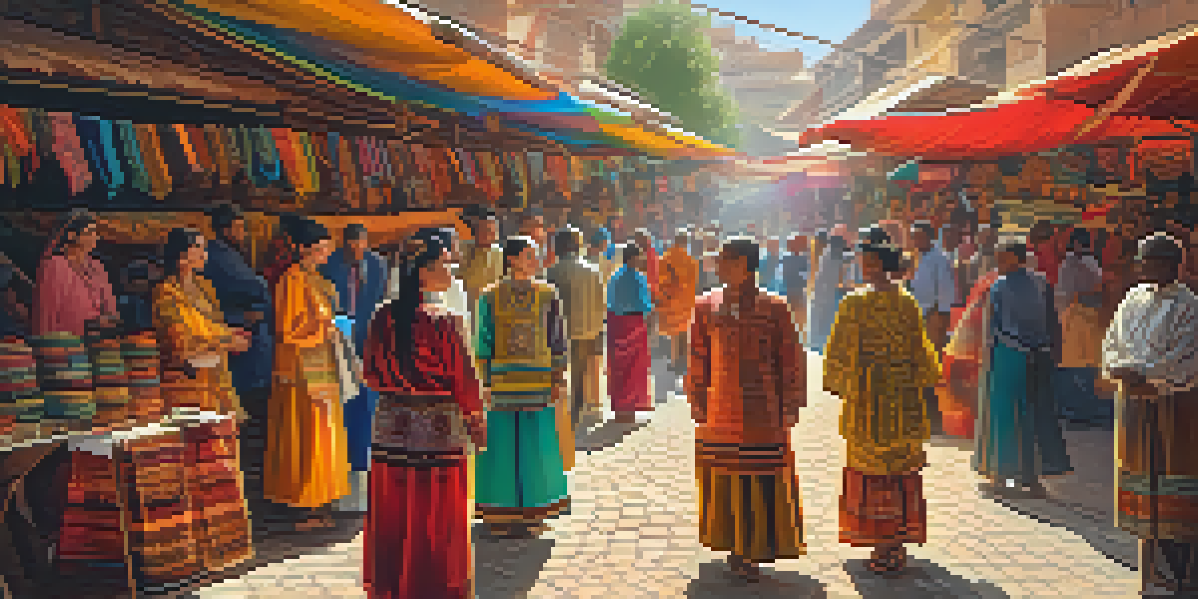 A diverse group of people in traditional clothing standing in a colorful market filled with textiles and crafts, illuminated by warm sunlight.