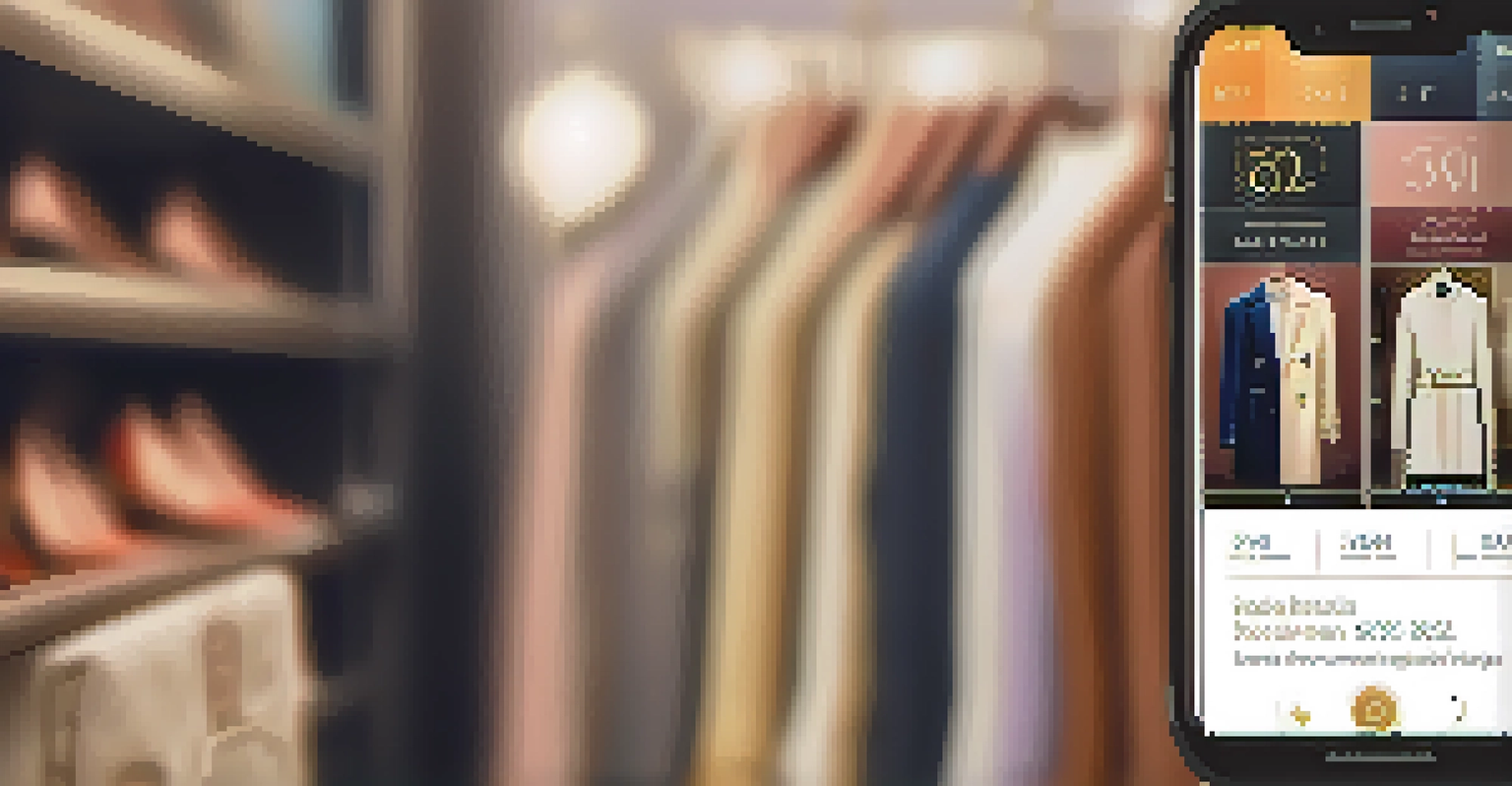 A smartphone showing a personalized fashion shopping app with tailored clothing recommendations, set in a warm and inviting atmosphere.