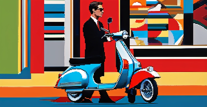 A young person dressed in a tailored Mod suit standing beside a classic scooter in a colorful city environment.