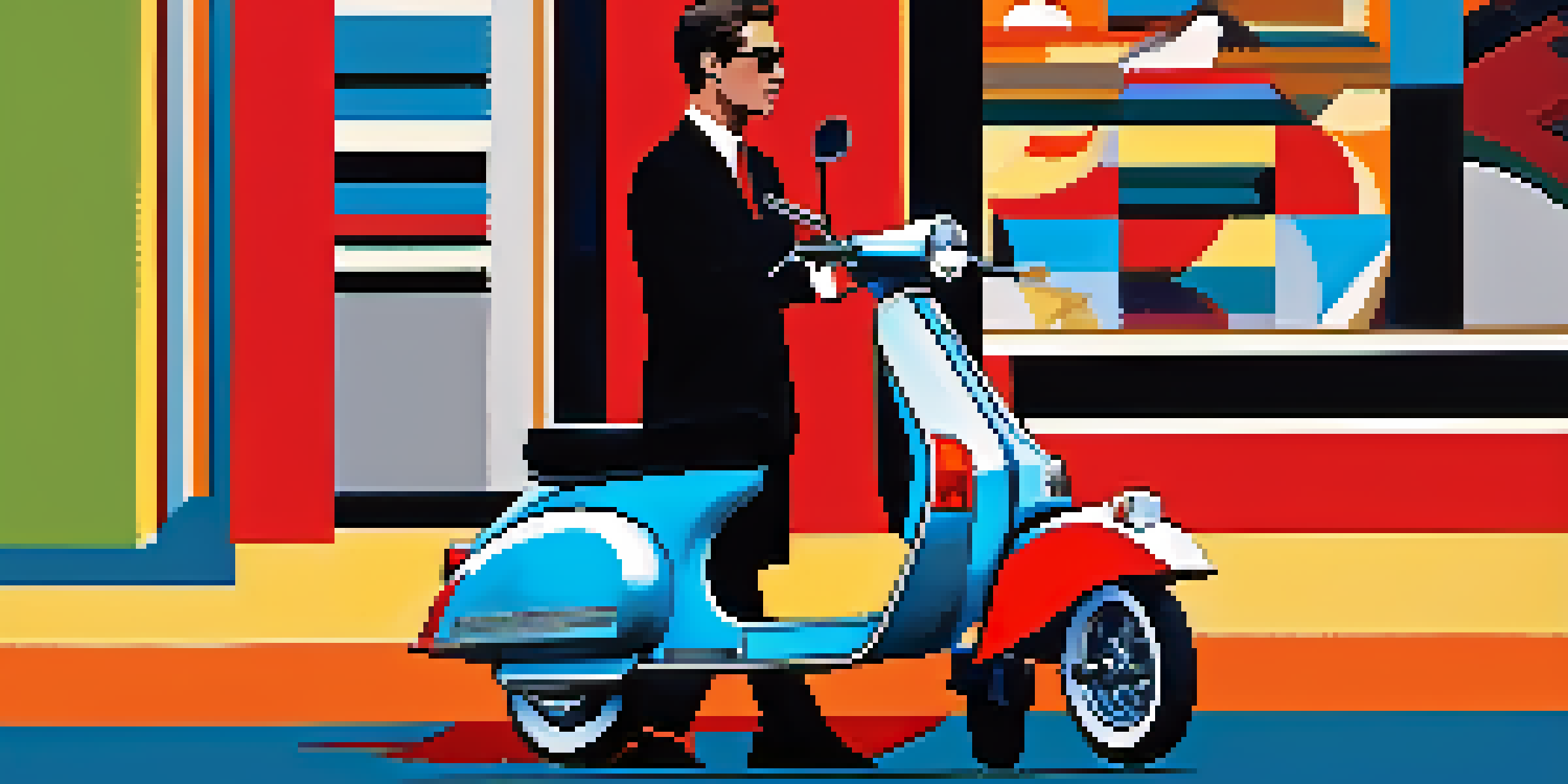 A young person dressed in a tailored Mod suit standing beside a classic scooter in a colorful city environment.