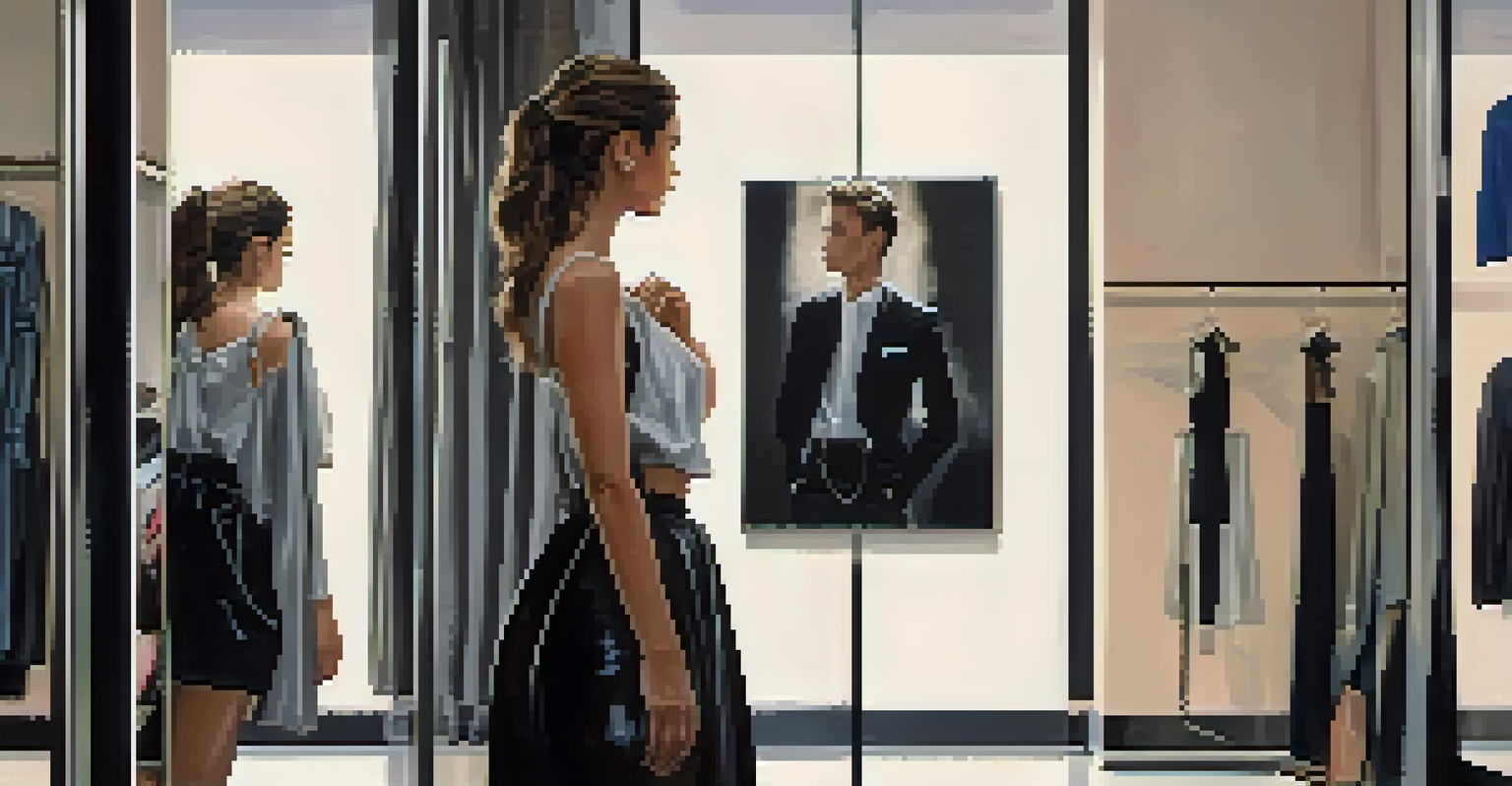 A person looking at their reflection in a mirror, contemplating an outfit that clashes with their personal style.