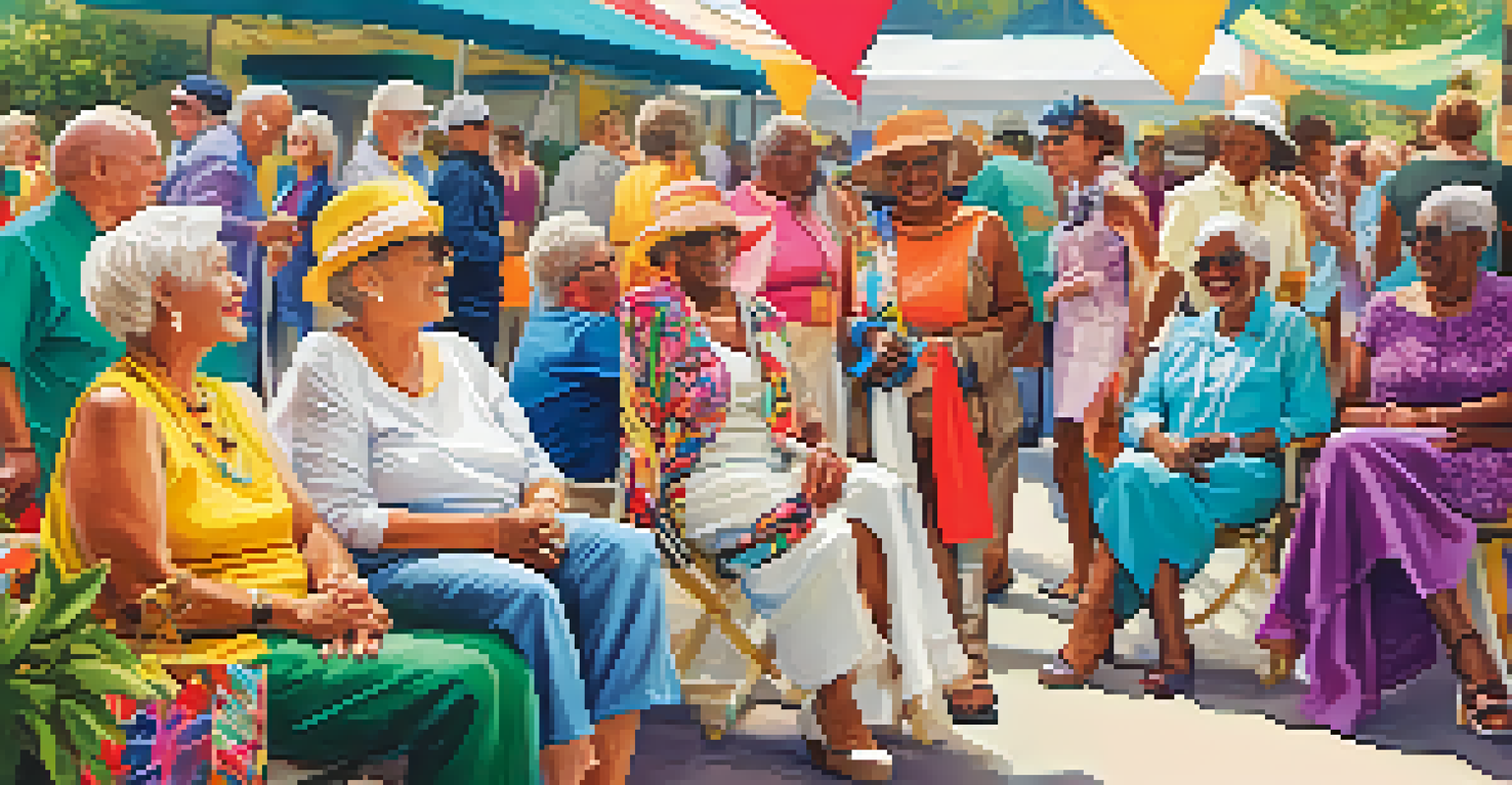 A community fashion event with older adults wearing inclusive fashion, showcasing diverse styles and vibrant colors.