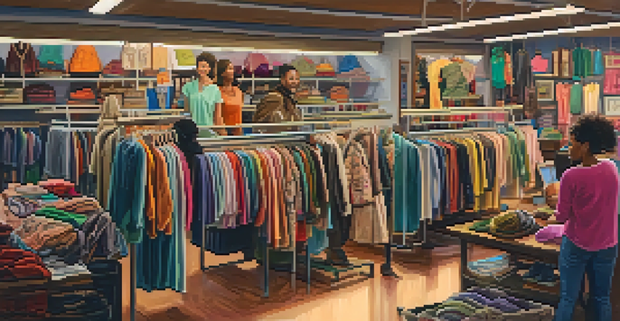 A lively thrift shop with diverse shoppers exploring colorful second-hand clothing.